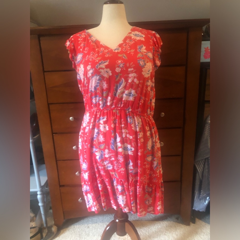 LOFT Red Floral V-Neck Midi Dress